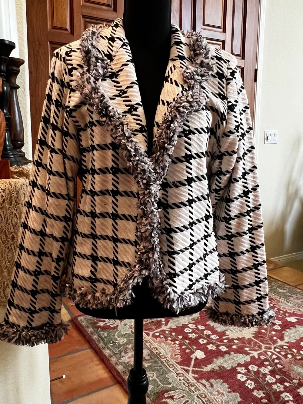 Vintage Anage Black White Pink Plaid Blazer With Fringe 100% Rayon Size M